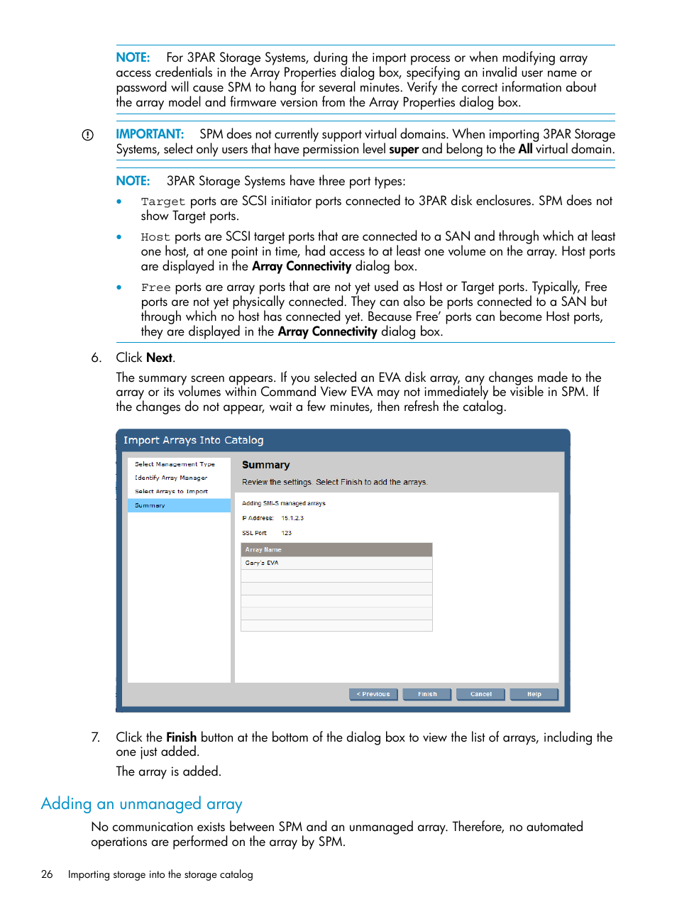 Adding an unmanaged array | HP Matrix Operating Environment Software User Manual | Page 26 / 63