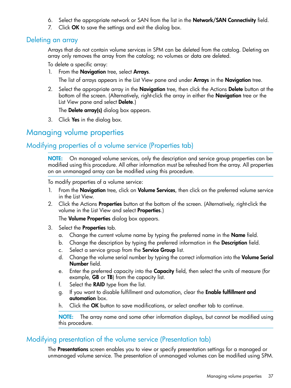 Deleting an array, Managing volume properties | HP Matrix Operating Environment Software User Manual | Page 37 / 63