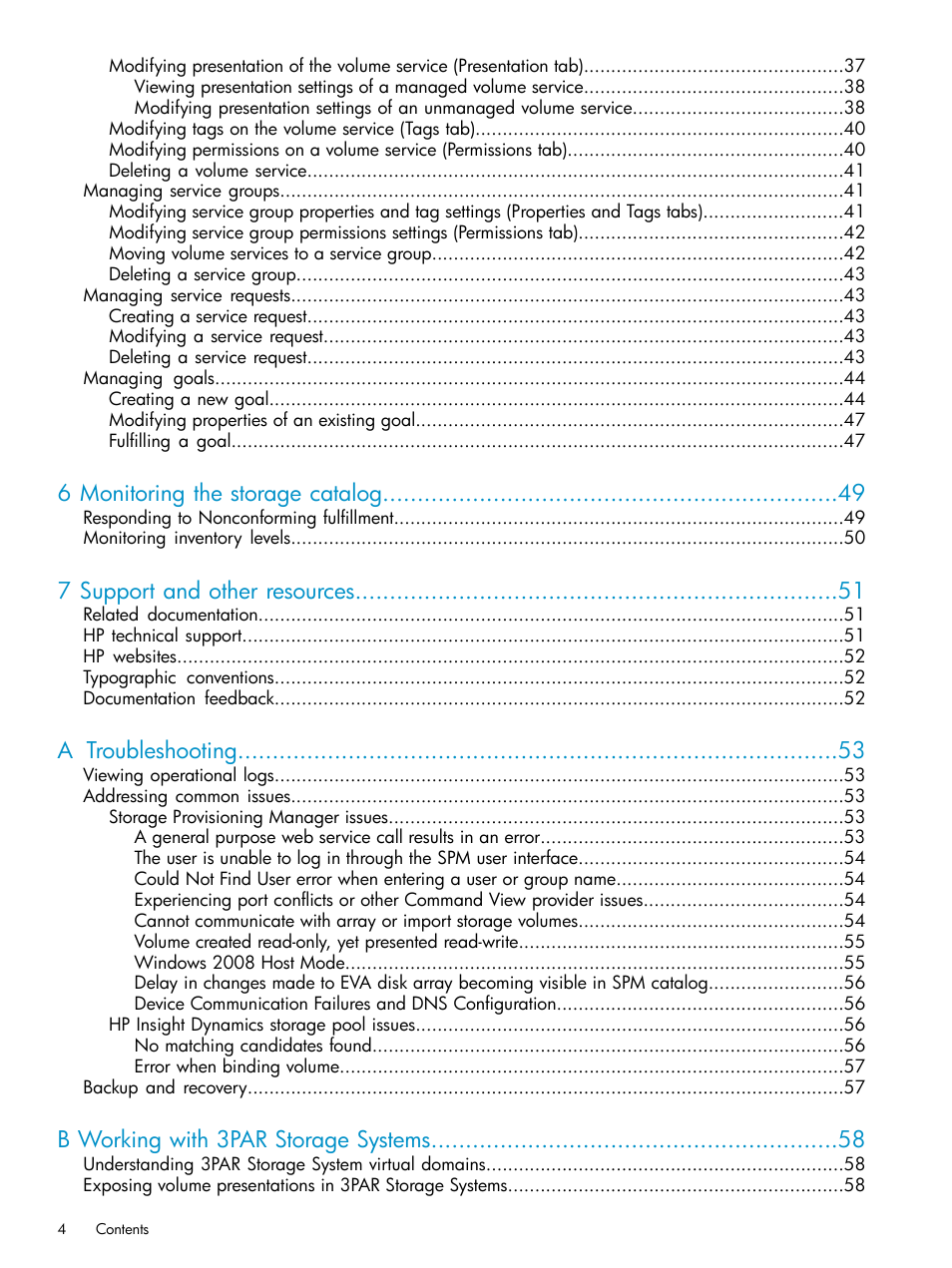 6 monitoring the storage catalog, 7 support and other resources, A troubleshooting | B working with 3par storage systems | HP Matrix Operating Environment Software User Manual | Page 4 / 63