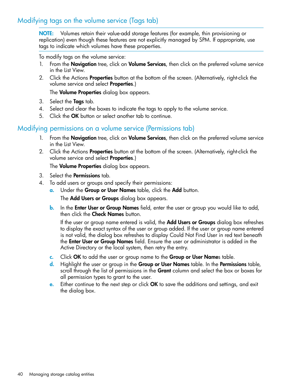 Modifying tags on the volume service (tags tab), Modifying tags on the volume service, Tags tab) | HP Matrix Operating Environment Software User Manual | Page 40 / 63