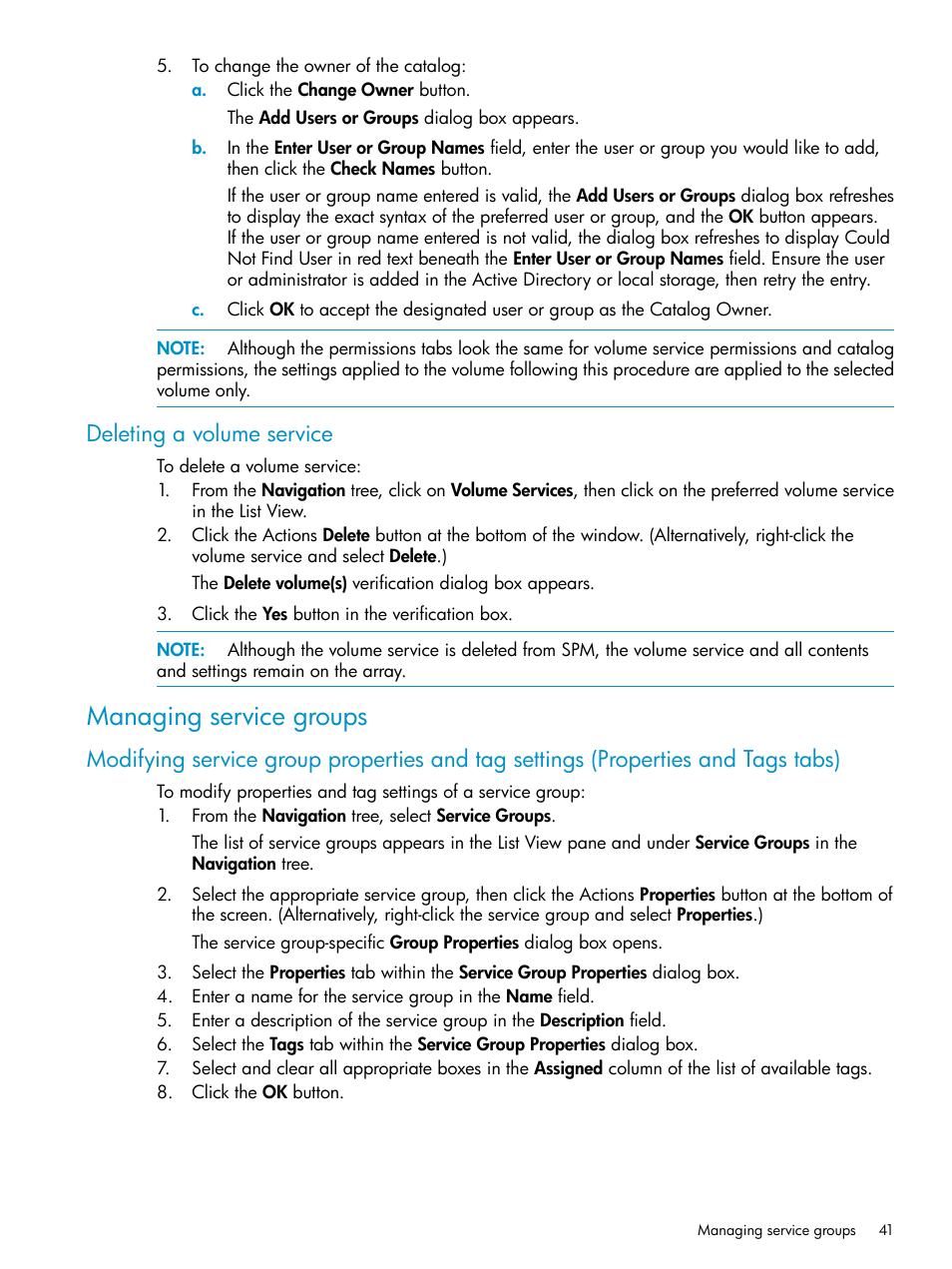 Deleting a volume service, Managing service groups | HP Matrix Operating Environment Software User Manual | Page 41 / 63