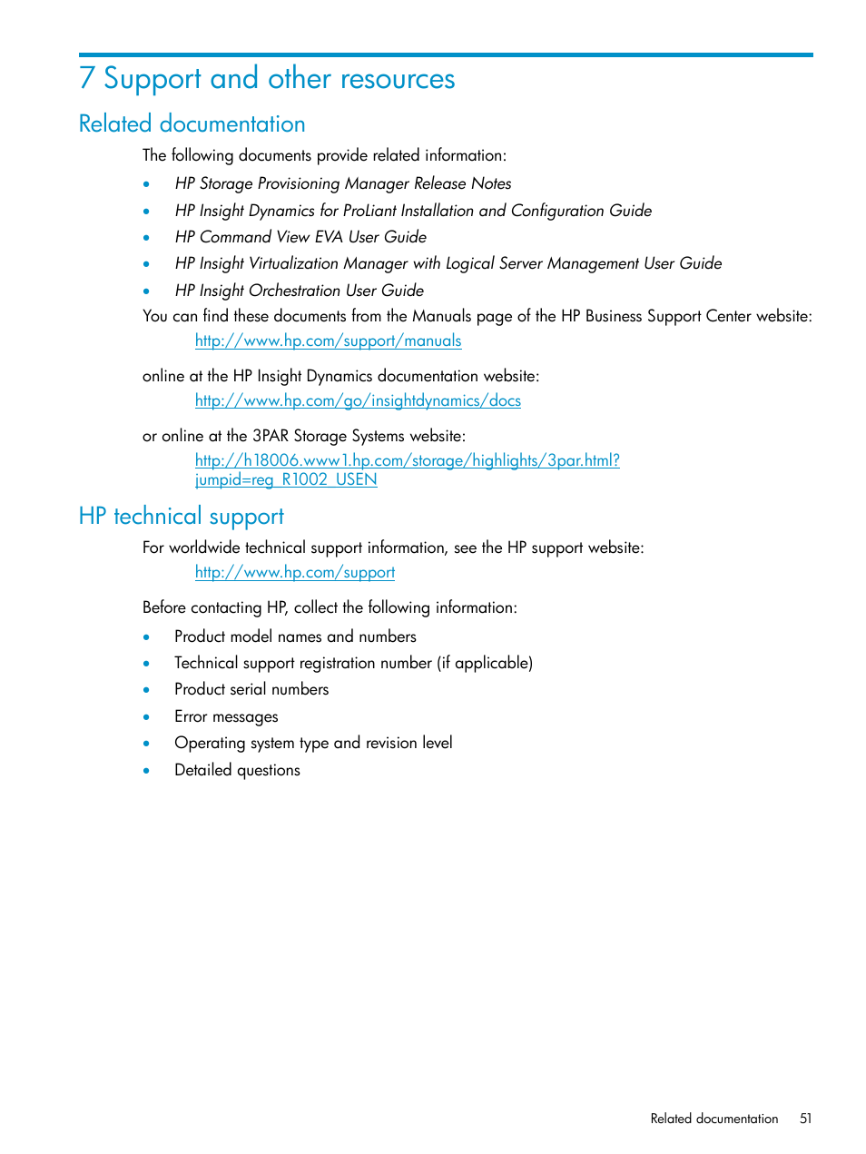 7 support and other resources, Related documentation, Hp technical support | Related documentation hp technical support | HP Matrix Operating Environment Software User Manual | Page 51 / 63