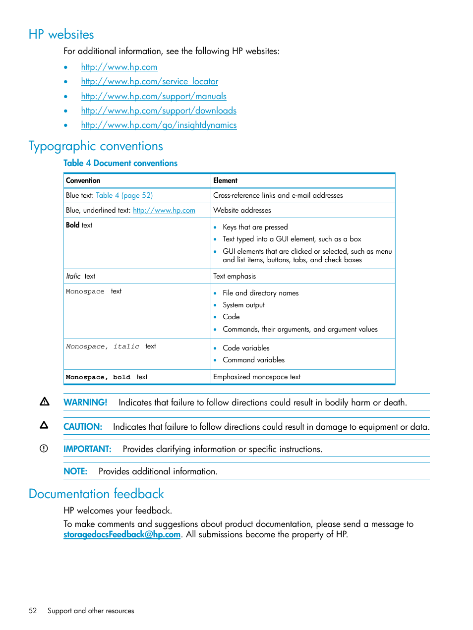 Hp websites, Typographic conventions, Documentation feedback | HP Matrix Operating Environment Software User Manual | Page 52 / 63