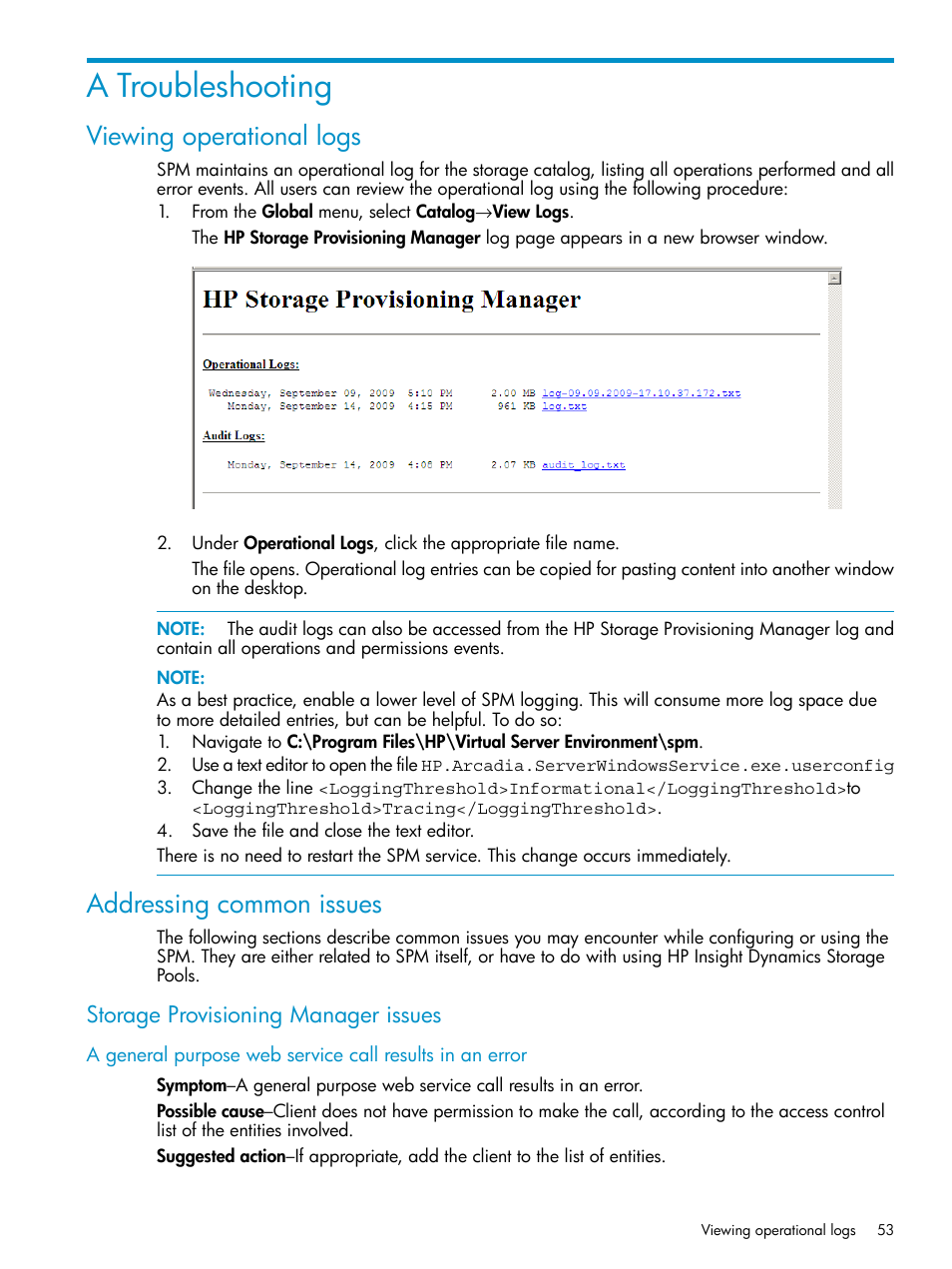 A troubleshooting, Viewing operational logs, Addressing common issues | Storage provisioning manager issues, Viewing operational logs addressing common issues | HP Matrix Operating Environment Software User Manual | Page 53 / 63