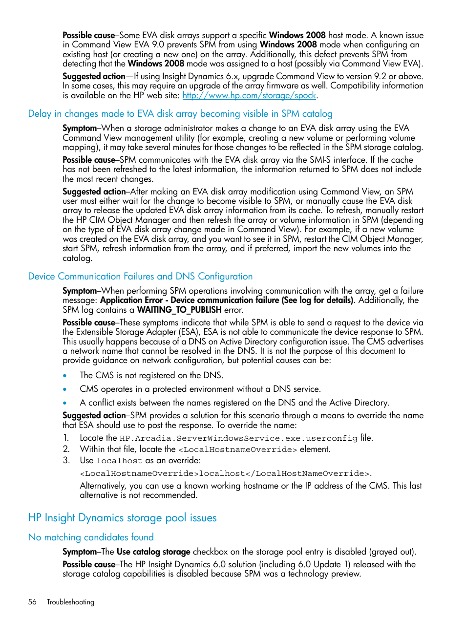 Hp insight dynamics storage pool issues, No matching candidates found | HP Matrix Operating Environment Software User Manual | Page 56 / 63