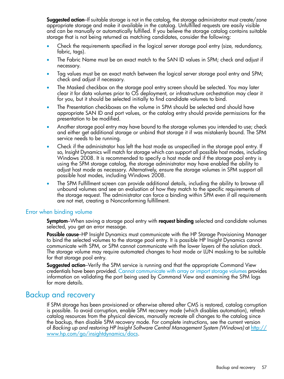 Error when binding volume, Backup and recovery | HP Matrix Operating Environment Software User Manual | Page 57 / 63