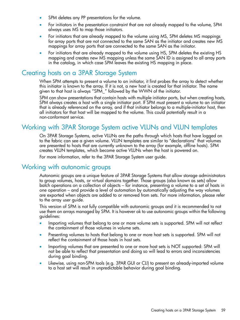 Creating hosts on a 3par storage system, Working with autonomic groups | HP Matrix Operating Environment Software User Manual | Page 59 / 63