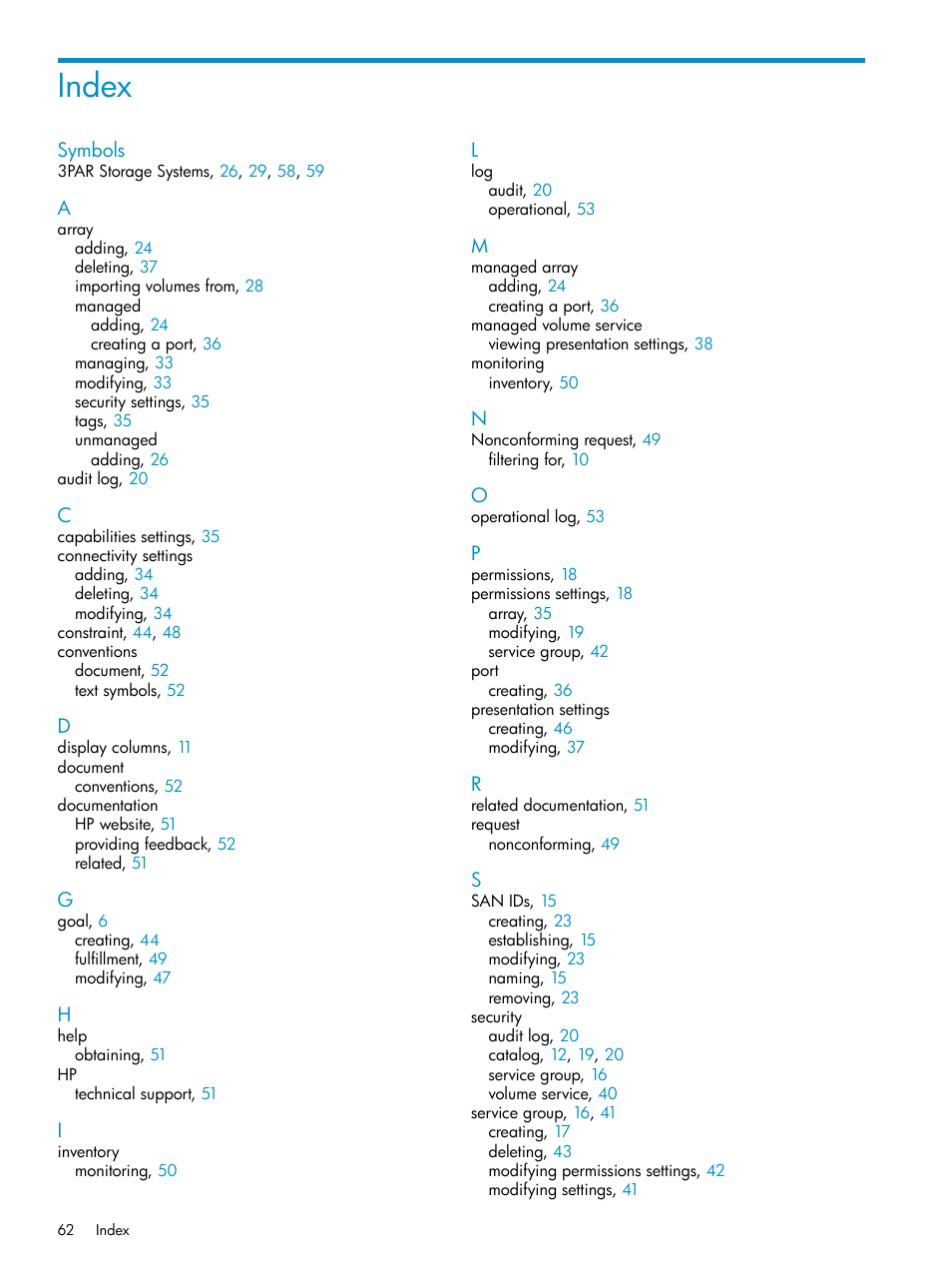 Index | HP Matrix Operating Environment Software User Manual | Page 62 / 63