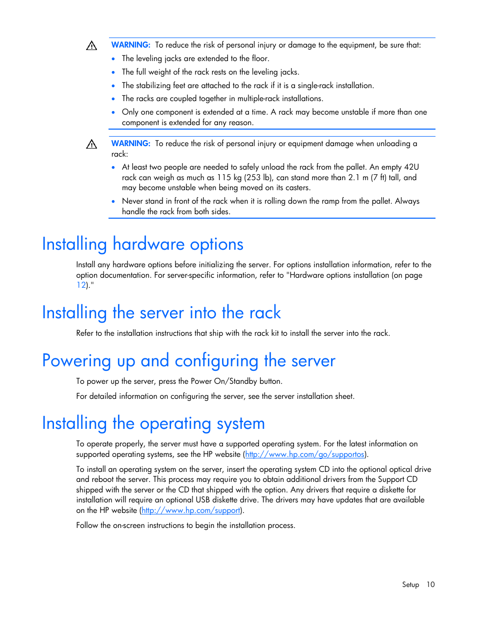 Installing hardware options, Installing the server into the rack, Powering up and configuring the server | Installing the operating system | HP ProLiant DL145 G3 Server User Manual | Page 10 / 81