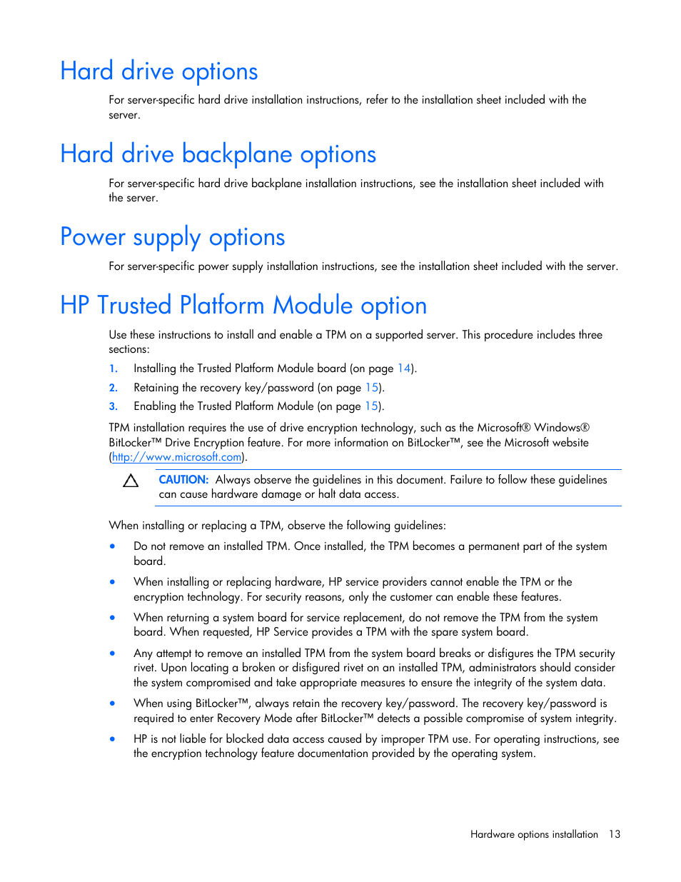 Hard drive options, Hard drive backplane options, Power supply options | Hp trusted platform module option | HP ProLiant DL145 G3 Server User Manual | Page 13 / 81