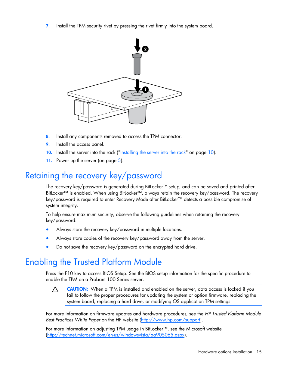 Retaining the recovery key/password, Enabling the trusted platform module | HP ProLiant DL145 G3 Server User Manual | Page 15 / 81