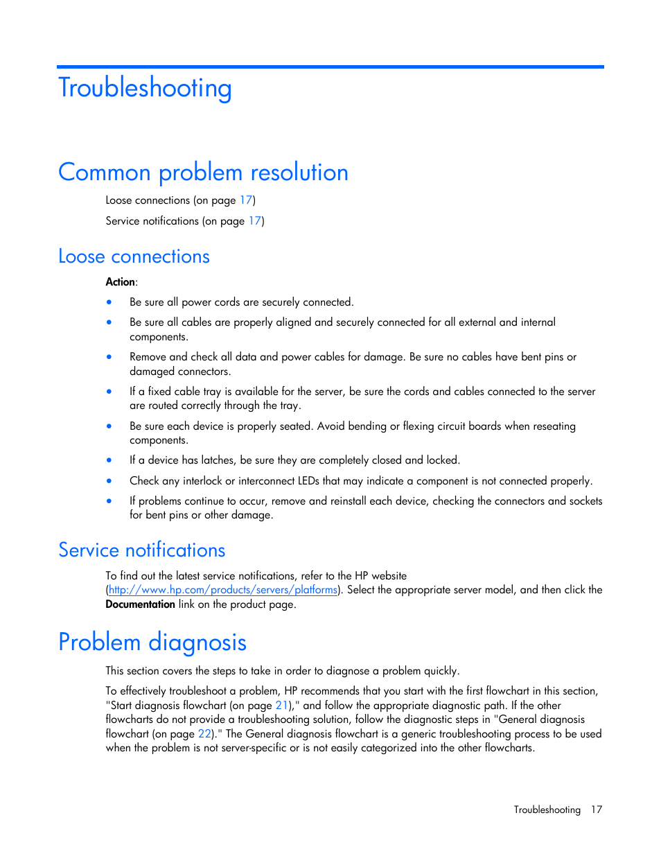 Troubleshooting, Common problem resolution, Loose connections | Service notifications, Problem diagnosis | HP ProLiant DL145 G3 Server User Manual | Page 17 / 81