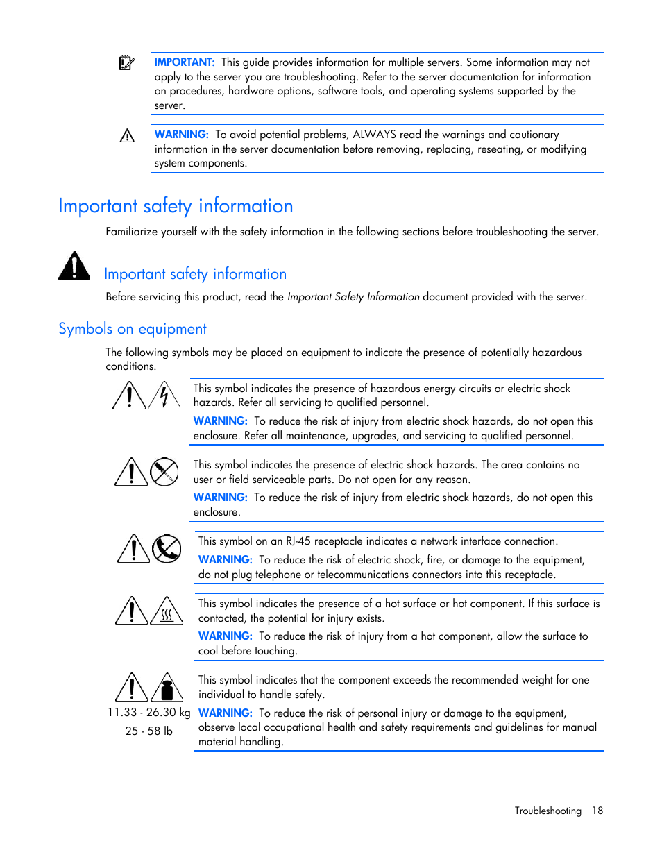 Important safety information, Symbols on equipment | HP ProLiant DL145 G3 Server User Manual | Page 18 / 81