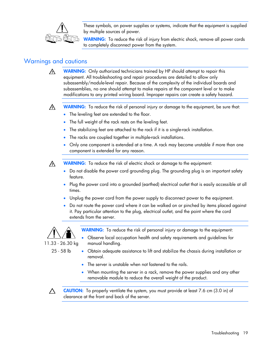 Warnings and cautions | HP ProLiant DL145 G3 Server User Manual | Page 19 / 81