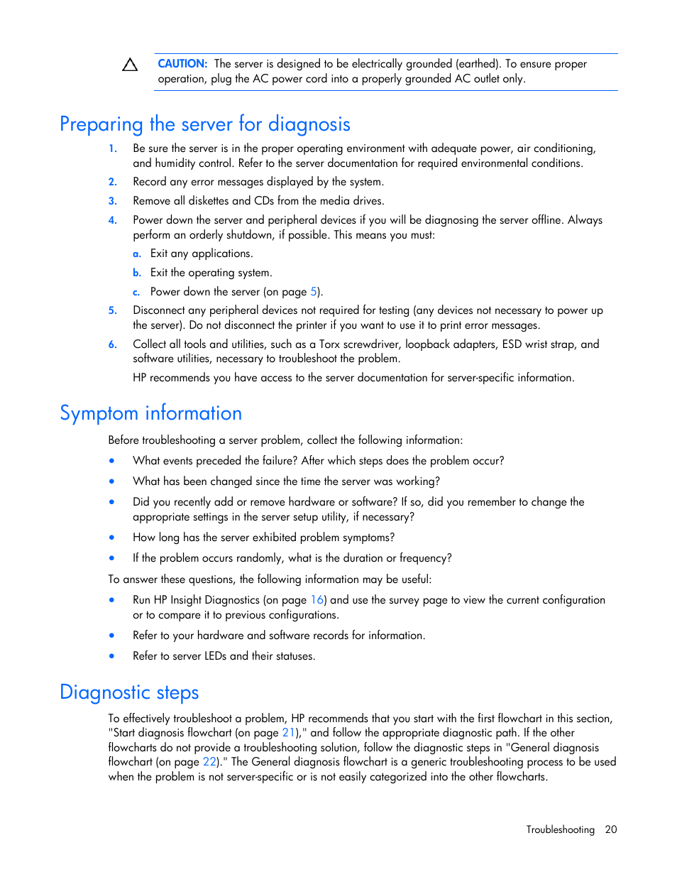 Preparing the server for diagnosis, Symptom information, Diagnostic steps | HP ProLiant DL145 G3 Server User Manual | Page 20 / 81