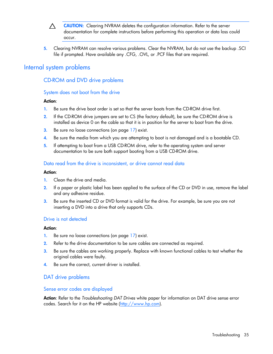 Internal system problems | HP ProLiant DL145 G3 Server User Manual | Page 35 / 81