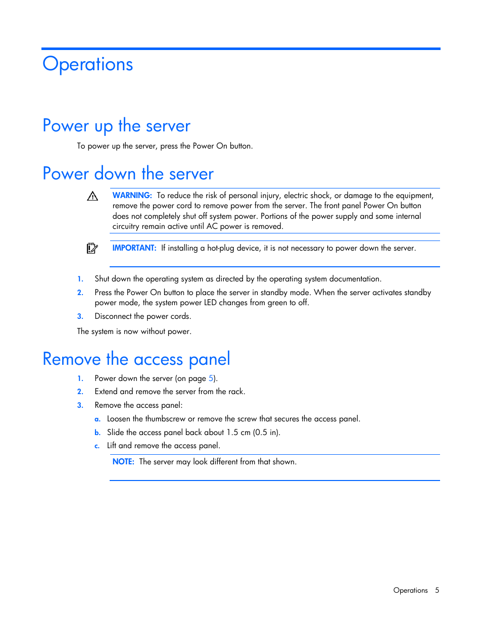 Operations, Power up the server, Power down the server | Remove the access panel | HP ProLiant DL145 G3 Server User Manual | Page 5 / 81