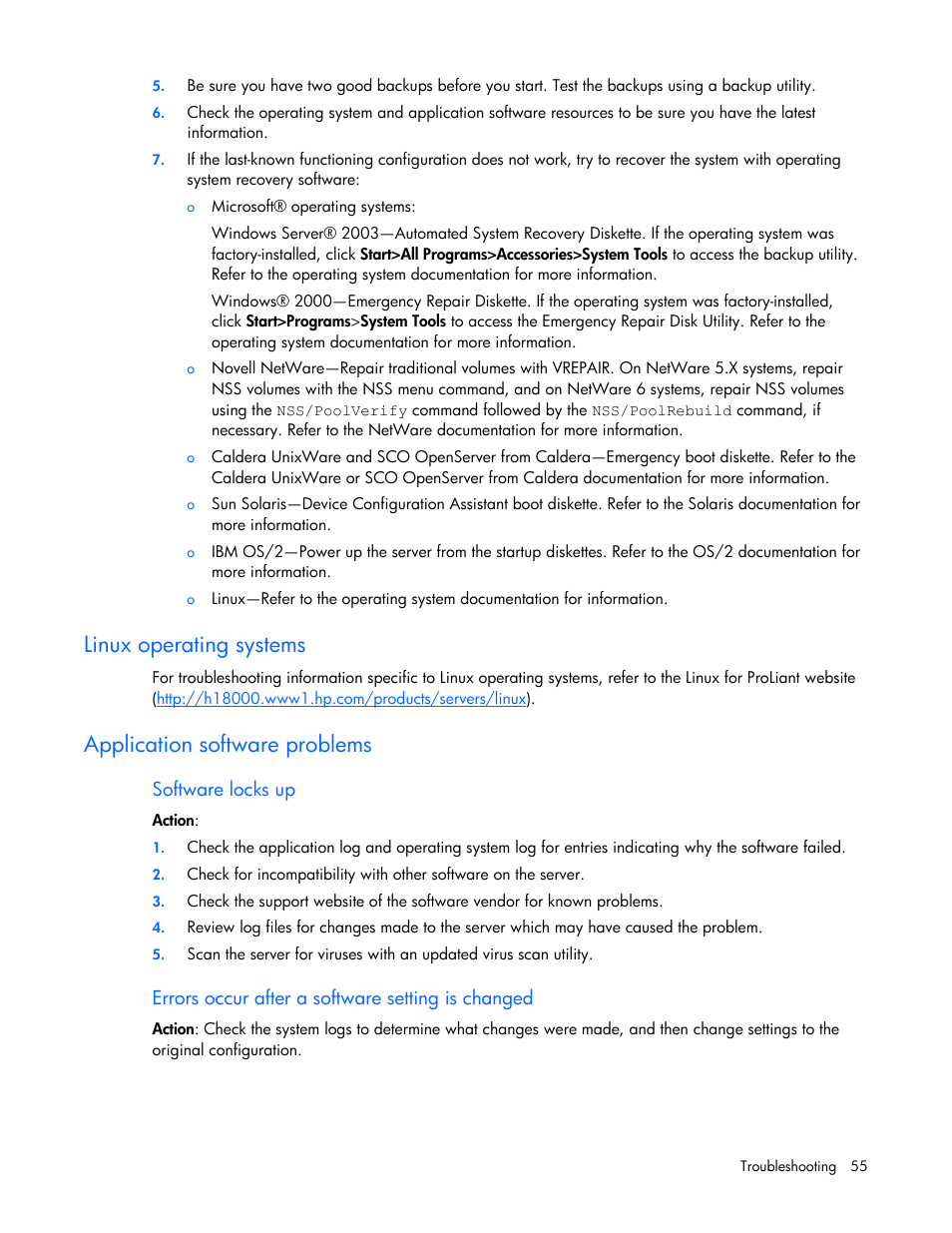 Linux operating systems, Application software problems | HP ProLiant DL145 G3 Server User Manual | Page 55 / 81