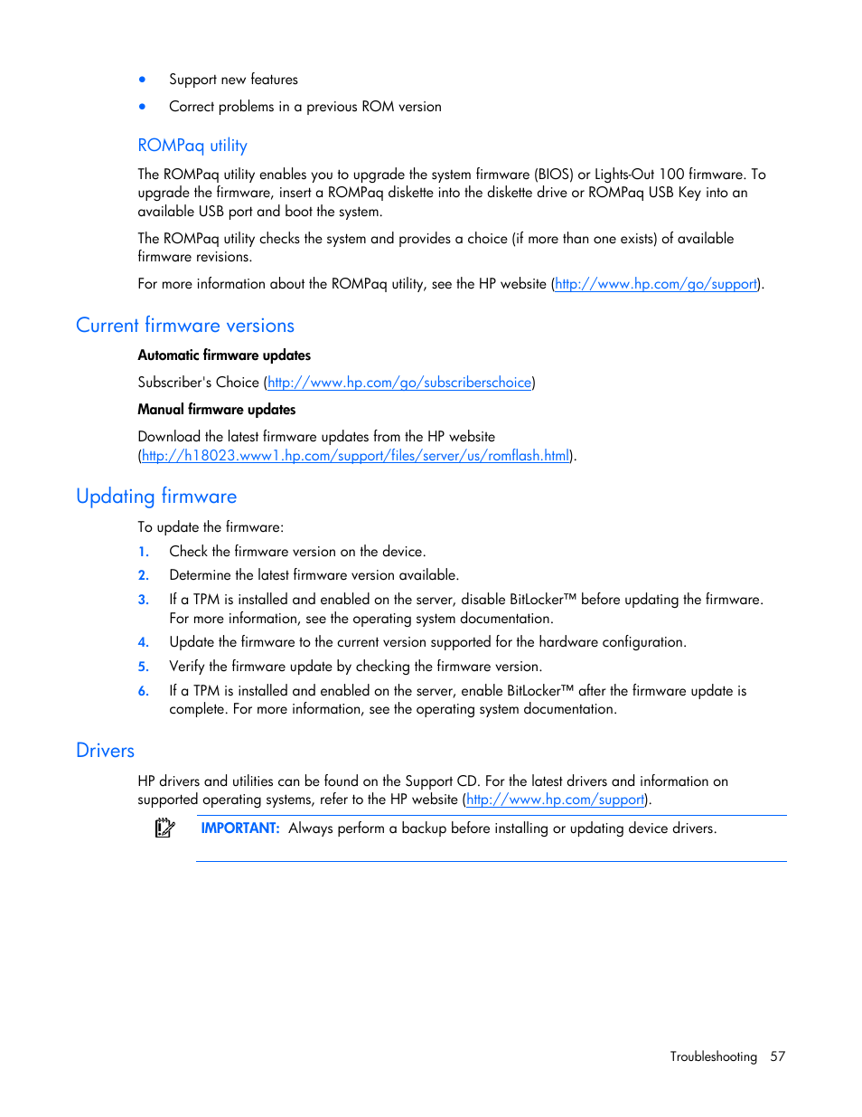 Current firmware versions, Updating firmware, Drivers | HP ProLiant DL145 G3 Server User Manual | Page 57 / 81