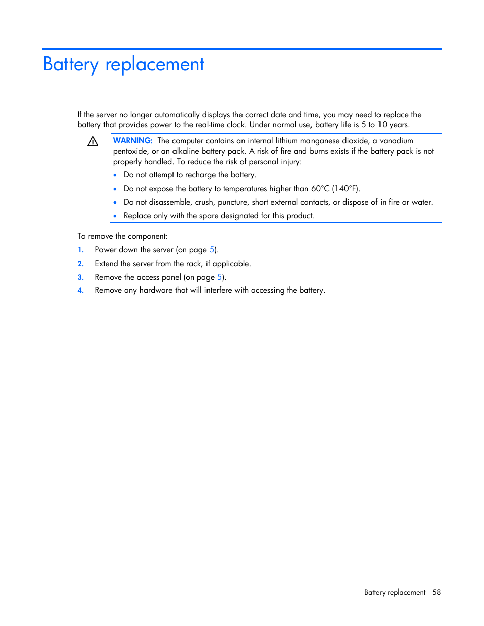 Battery replacement | HP ProLiant DL145 G3 Server User Manual | Page 58 / 81