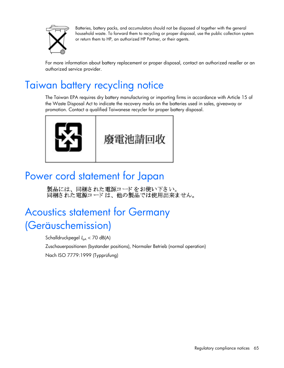 Taiwan battery recycling notice, Power cord statement for japan, Acoustics statement for germany (geräuschemission) | HP ProLiant DL145 G3 Server User Manual | Page 65 / 81