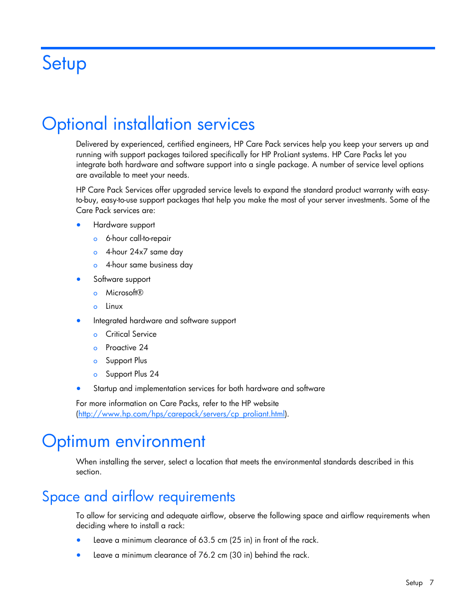 Setup, Optional installation services, Optimum environment | Space and airflow requirements | HP ProLiant DL145 G3 Server User Manual | Page 7 / 81