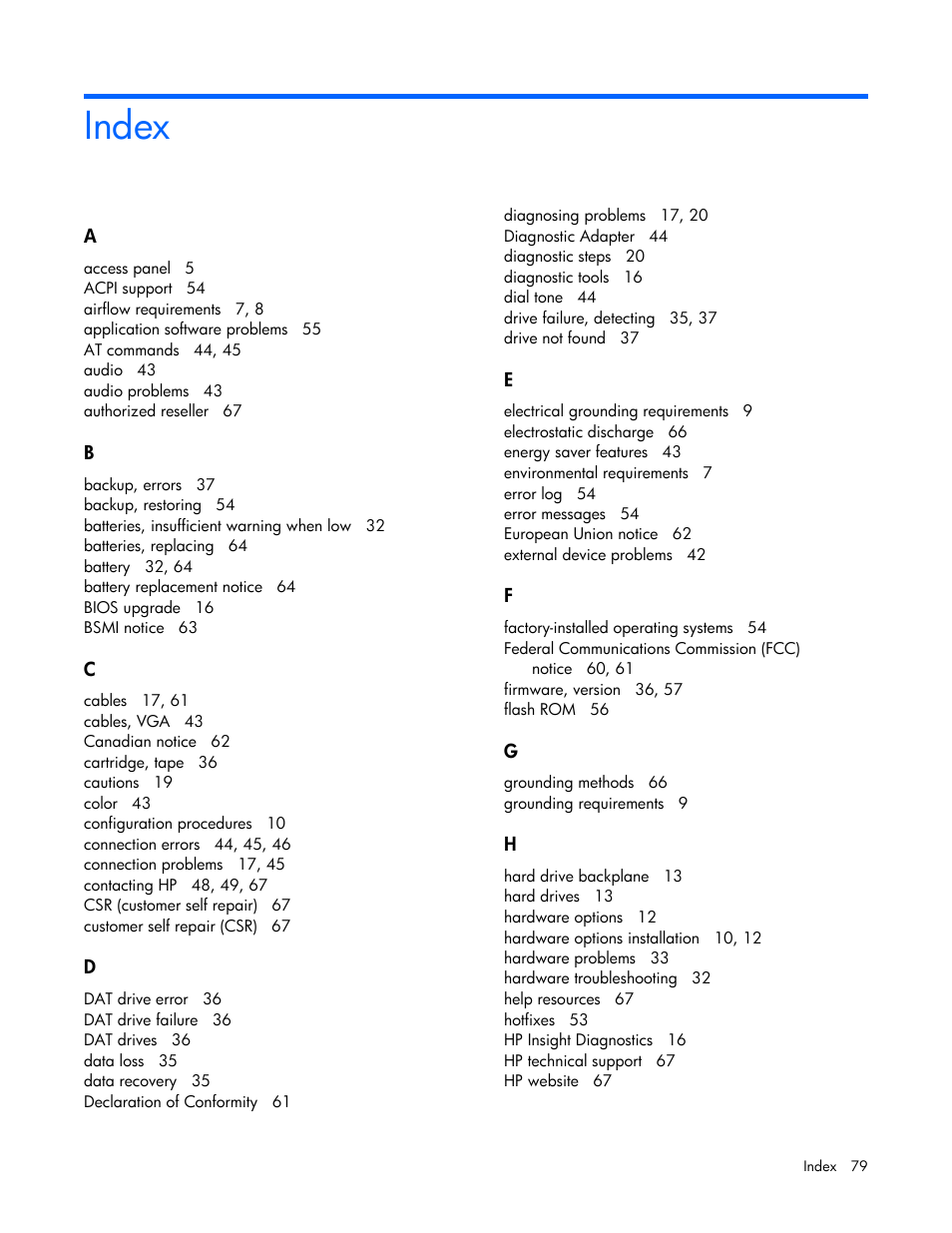 Index | HP ProLiant DL145 G3 Server User Manual | Page 79 / 81