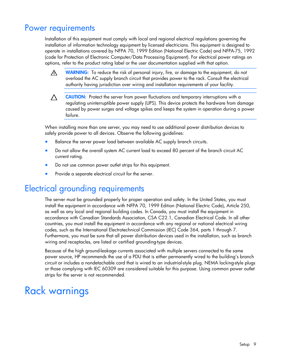 Power requirements, Electrical grounding requirements, Rack warnings | HP ProLiant DL145 G3 Server User Manual | Page 9 / 81