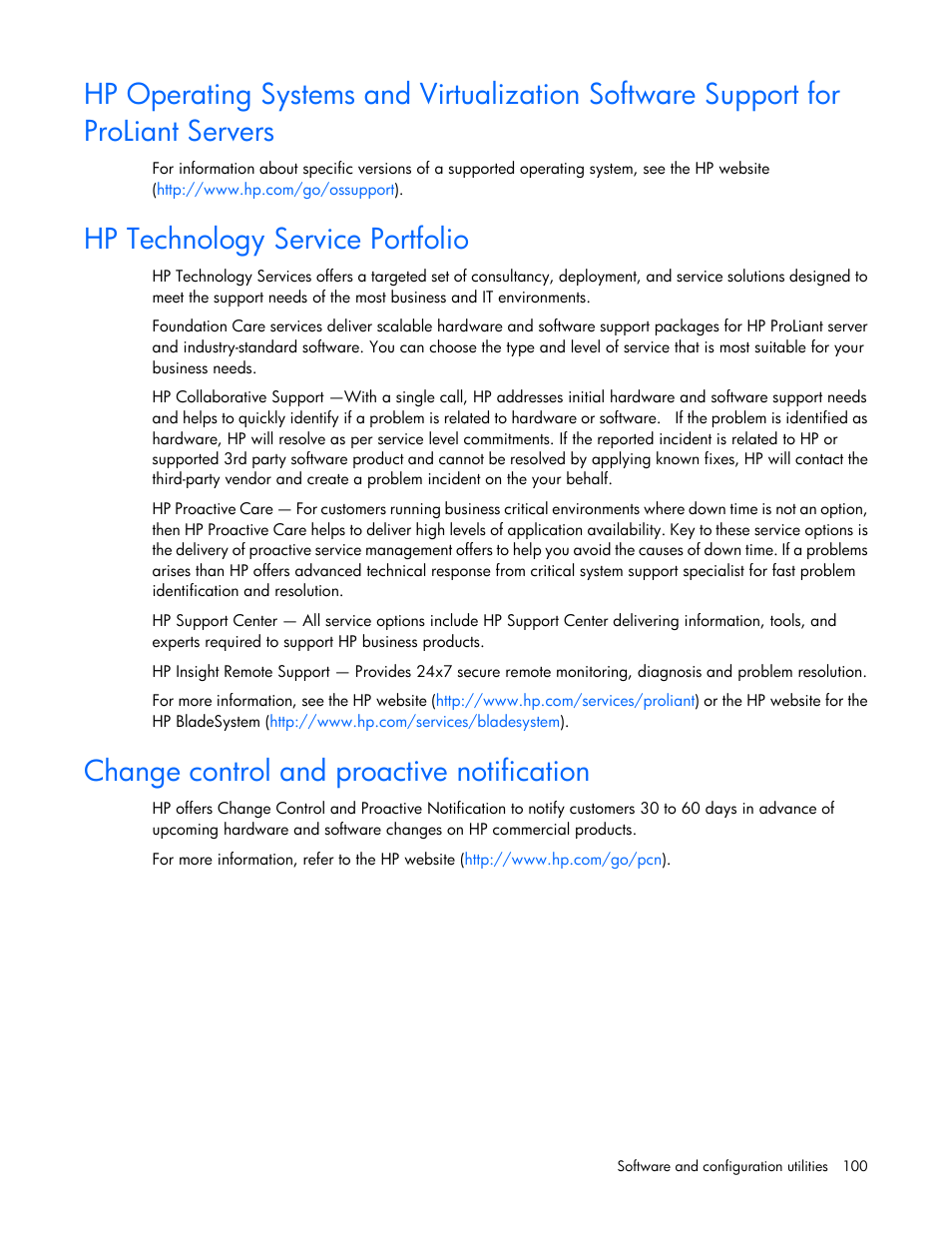 Hp technology service portfolio, Change control and proactive notification | HP ProLiant DL380 Server User Manual | Page 100 / 128