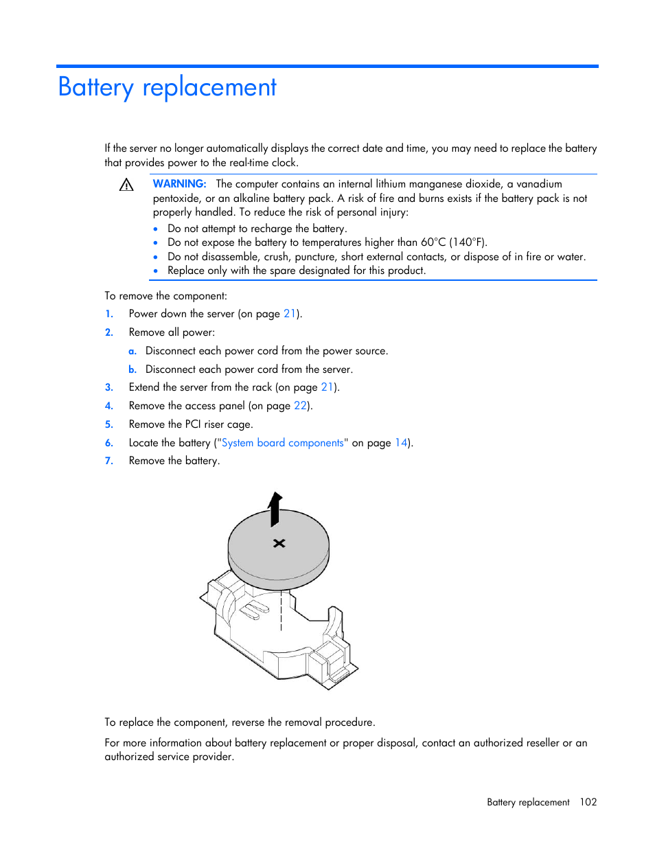 Battery replacement | HP ProLiant DL380 Server User Manual | Page 102 / 128