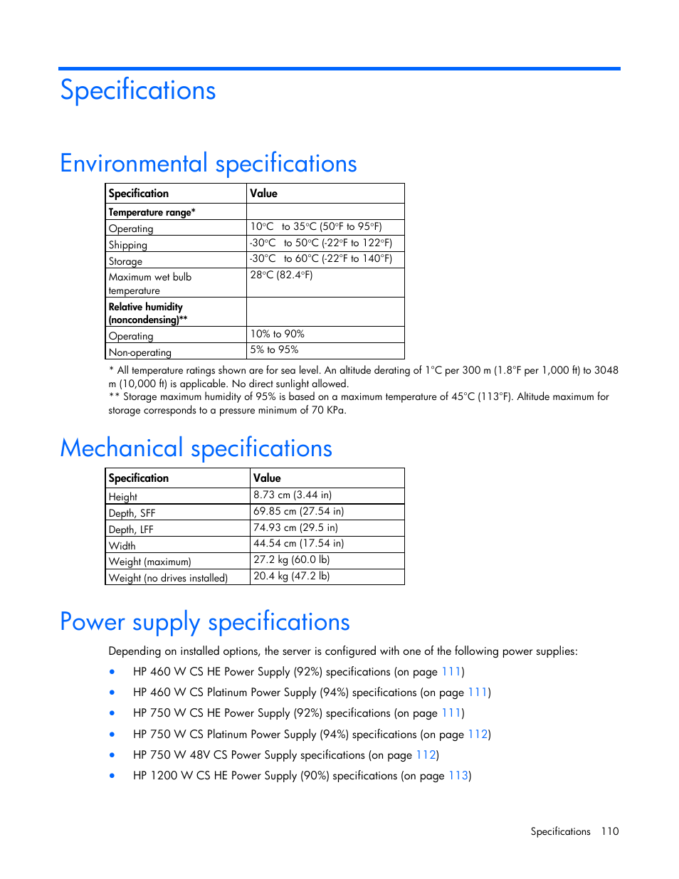 Specifications, Environmental specifications, Mechanical specifications | Power supply specifications | HP ProLiant DL380 Server User Manual | Page 110 / 128