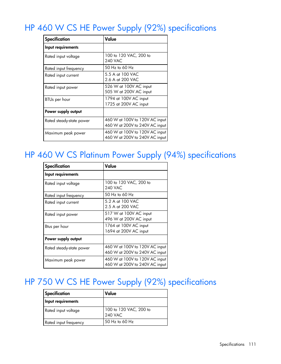 Hp 460 w cs he power supply (92%) specifications, Hp 750 w cs he power supply (92%) specifications | HP ProLiant DL380 Server User Manual | Page 111 / 128