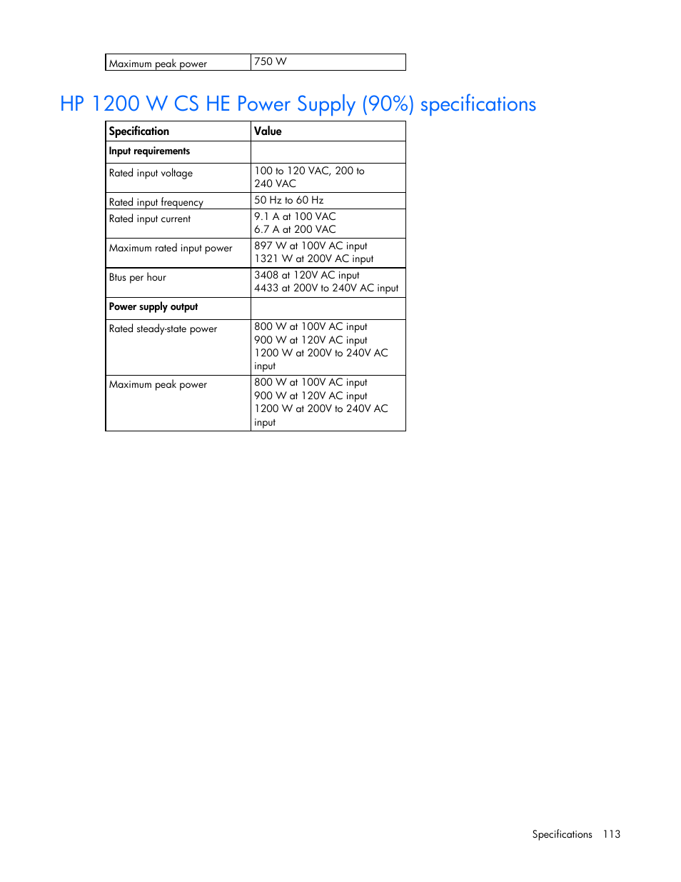 Hp 1200 w cs he power supply (90%) specifications | HP ProLiant DL380 Server User Manual | Page 113 / 128
