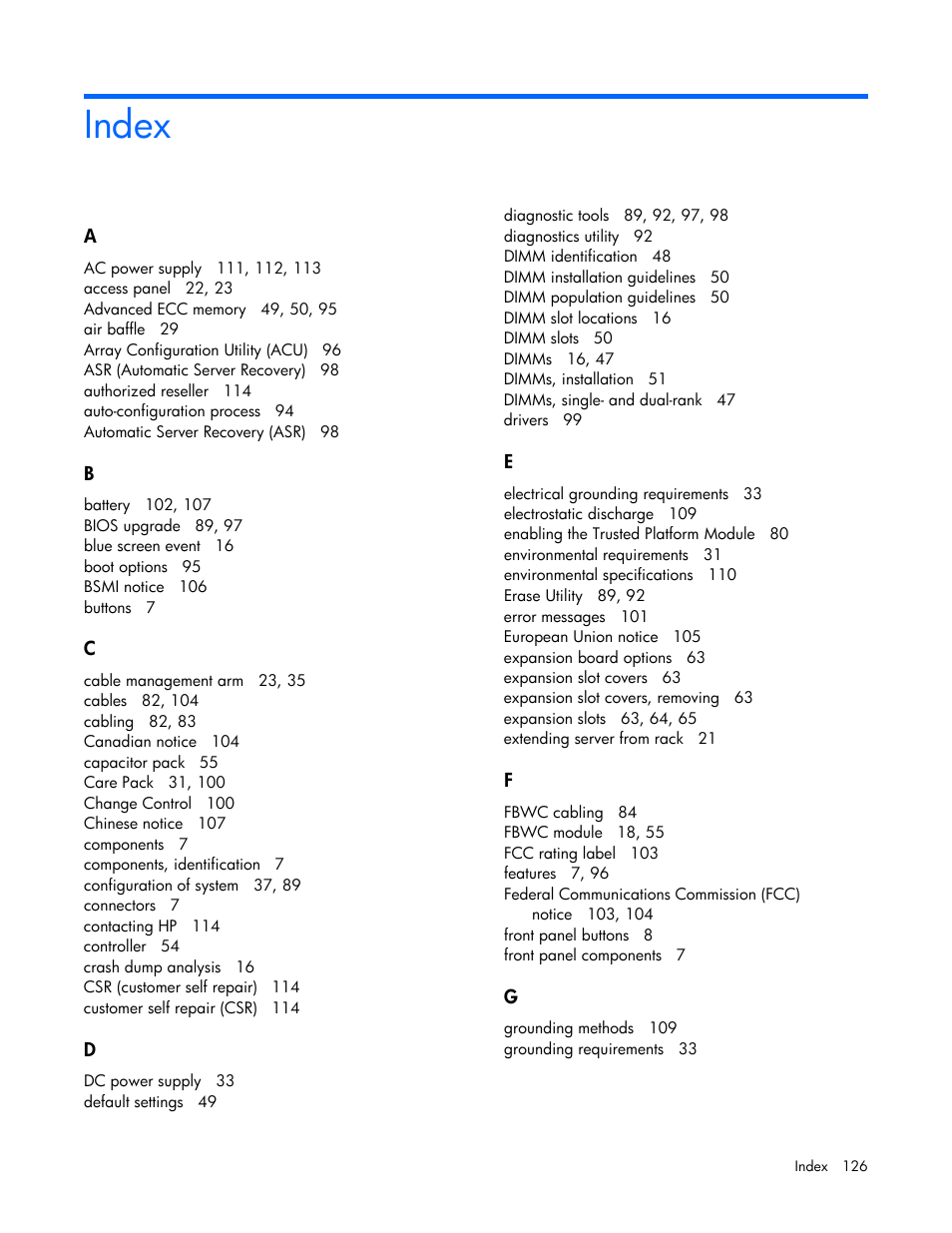 Index | HP ProLiant DL380 Server User Manual | Page 126 / 128