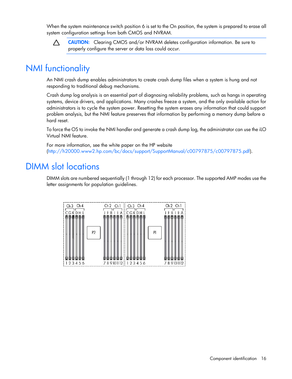 Nmi functionality, Dimm slot locations | HP ProLiant DL380 Server User Manual | Page 16 / 128