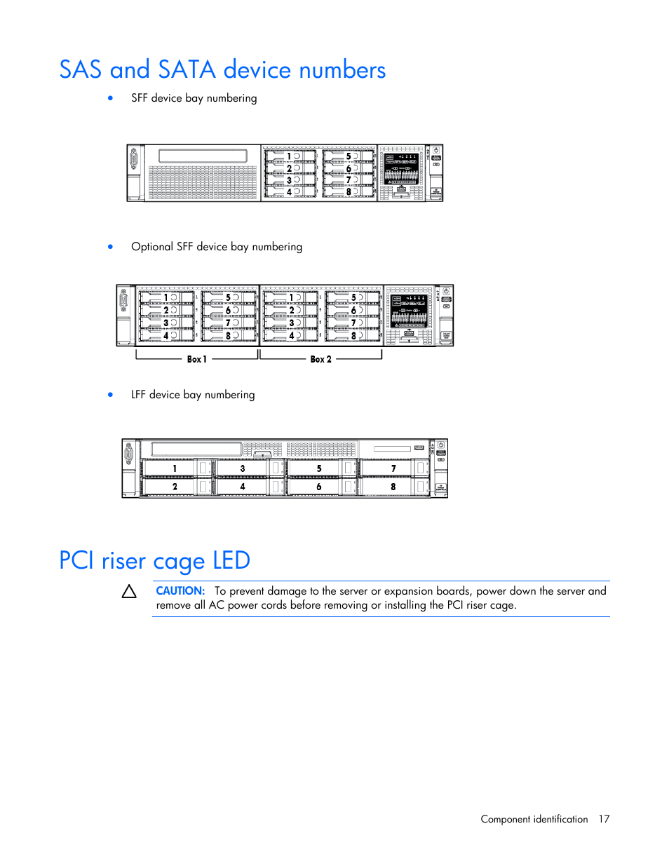 Sas and sata device numbers, Pci riser cage led | HP ProLiant DL380 Server User Manual | Page 17 / 128