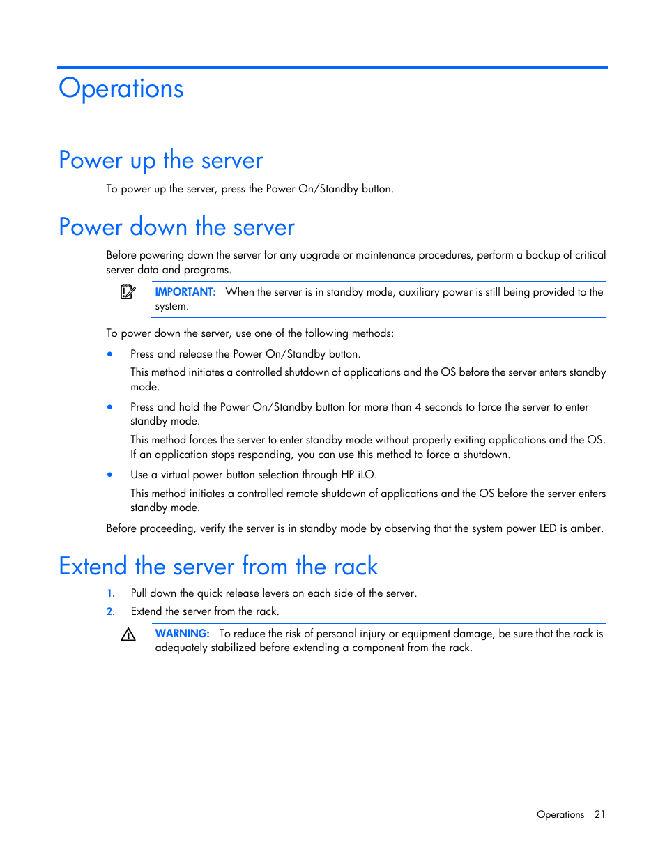 Operations, Power up the server, Power down the server | Extend the server from the rack | HP ProLiant DL380 Server User Manual | Page 21 / 128