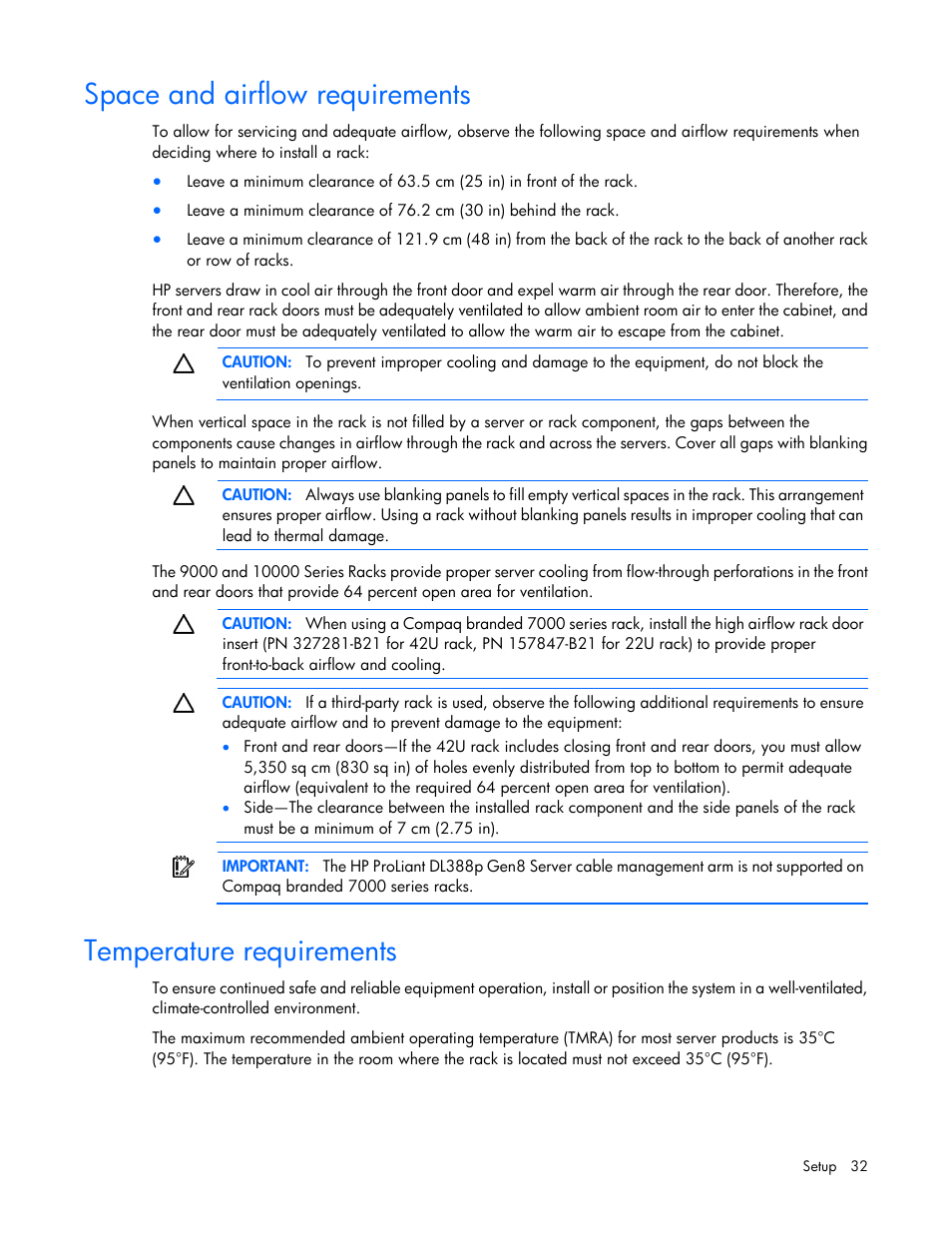 Space and airflow requirements, Temperature requirements | HP ProLiant DL380 Server User Manual | Page 32 / 128
