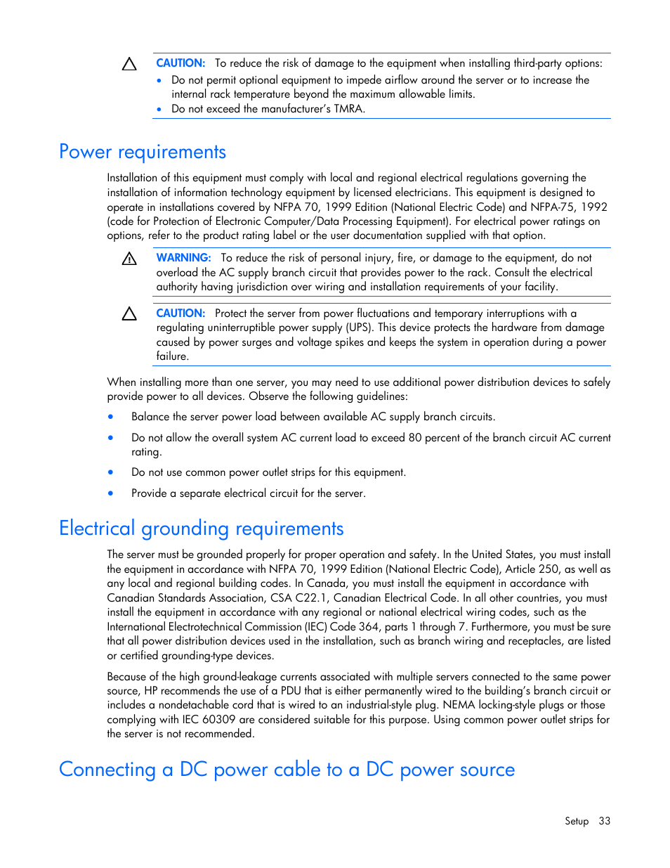 Power requirements, Electrical grounding requirements, Connecting a dc power cable to a dc power source | HP ProLiant DL380 Server User Manual | Page 33 / 128