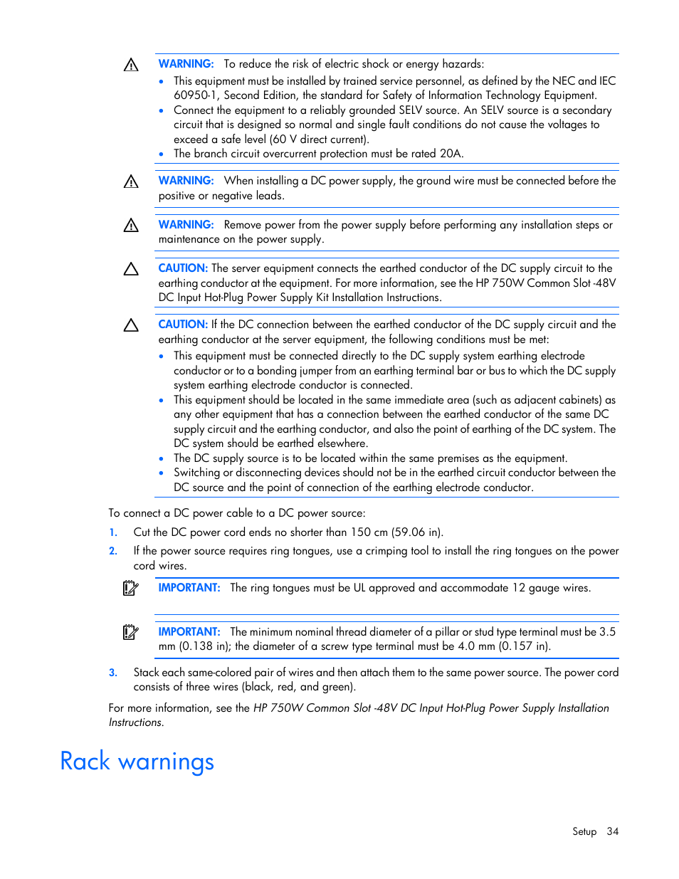 Rack warnings | HP ProLiant DL380 Server User Manual | Page 34 / 128