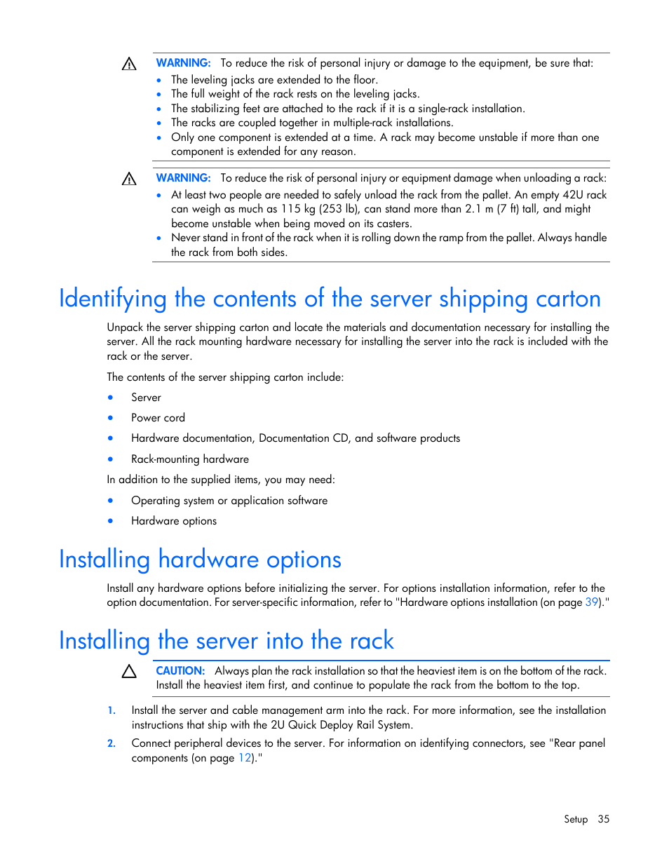 Installing hardware options, Installing the server into the rack | HP ProLiant DL380 Server User Manual | Page 35 / 128