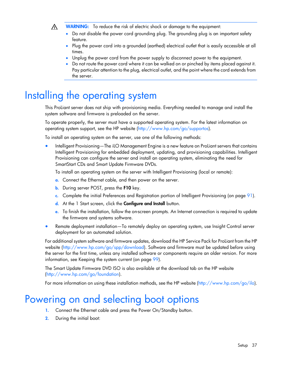 Installing the operating system, Powering on and selecting boot options | HP ProLiant DL380 Server User Manual | Page 37 / 128