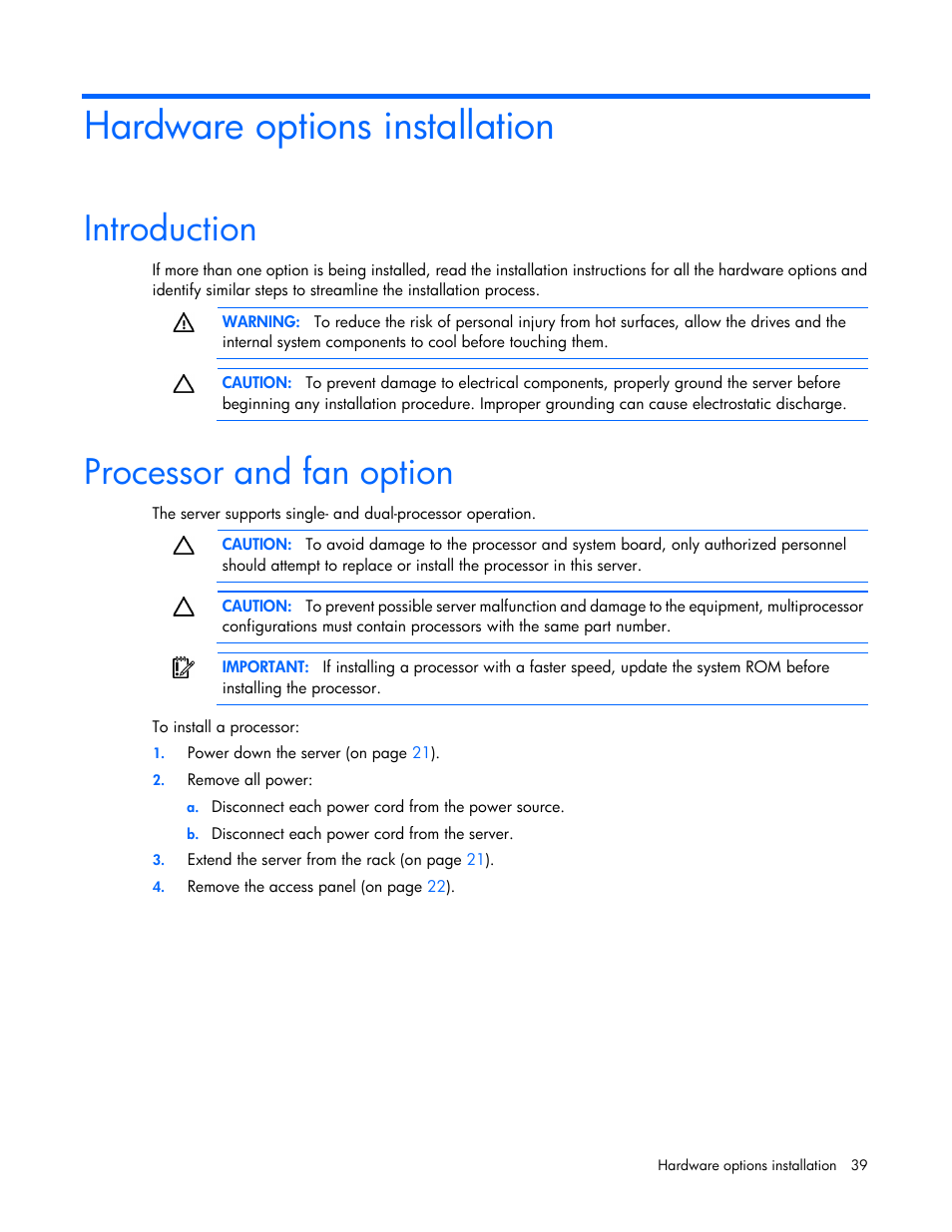 Hardware options installation, Introduction, Processor and fan option | HP ProLiant DL380 Server User Manual | Page 39 / 128