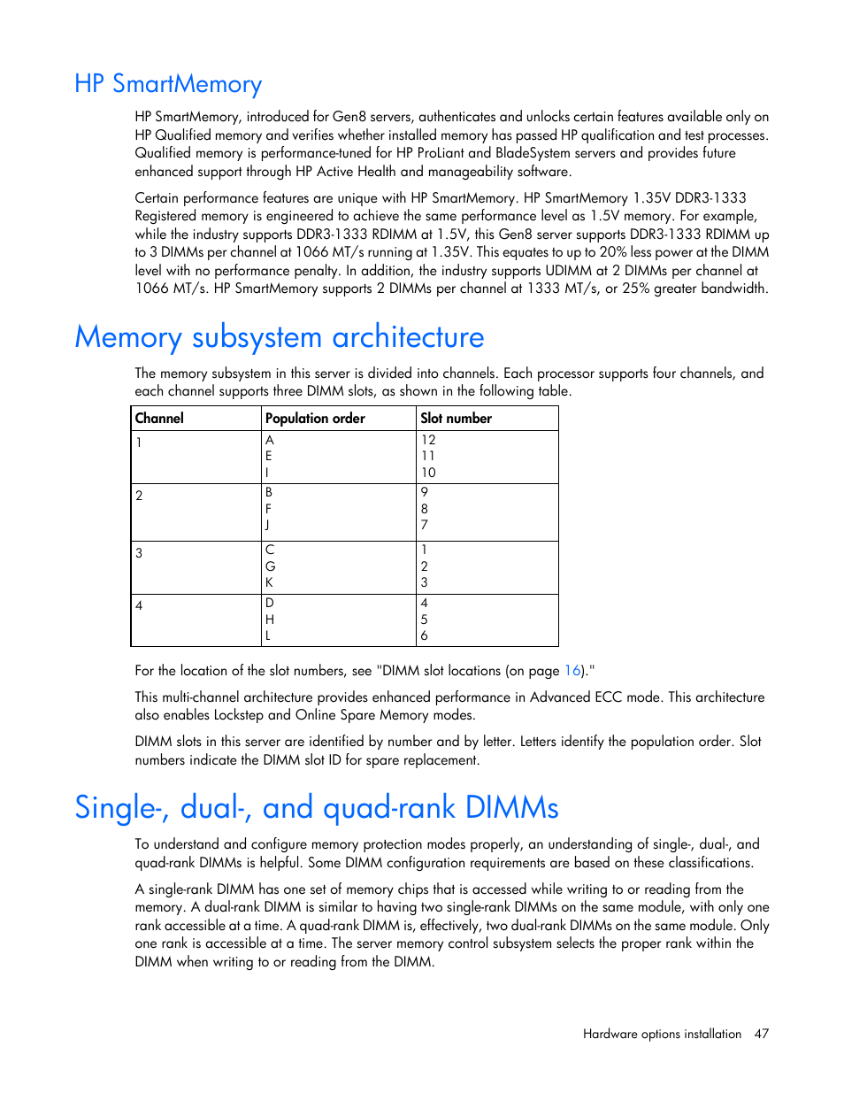 Hp smartmemory, Memory subsystem architecture, Single-, dual-, and quad-rank dimms | HP ProLiant DL380 Server User Manual | Page 47 / 128