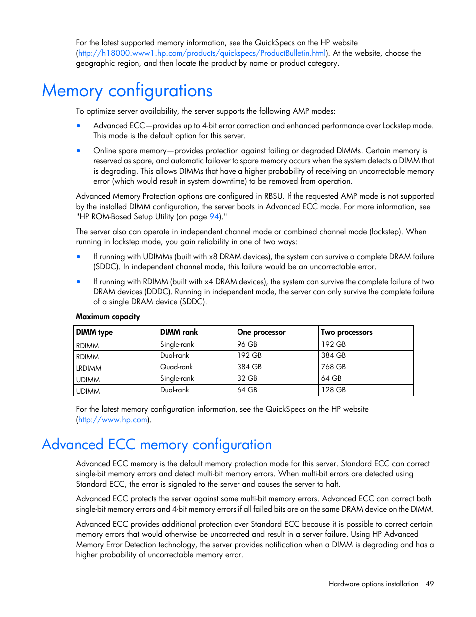 Memory configurations, Advanced ecc memory configuration | HP ProLiant DL380 Server User Manual | Page 49 / 128