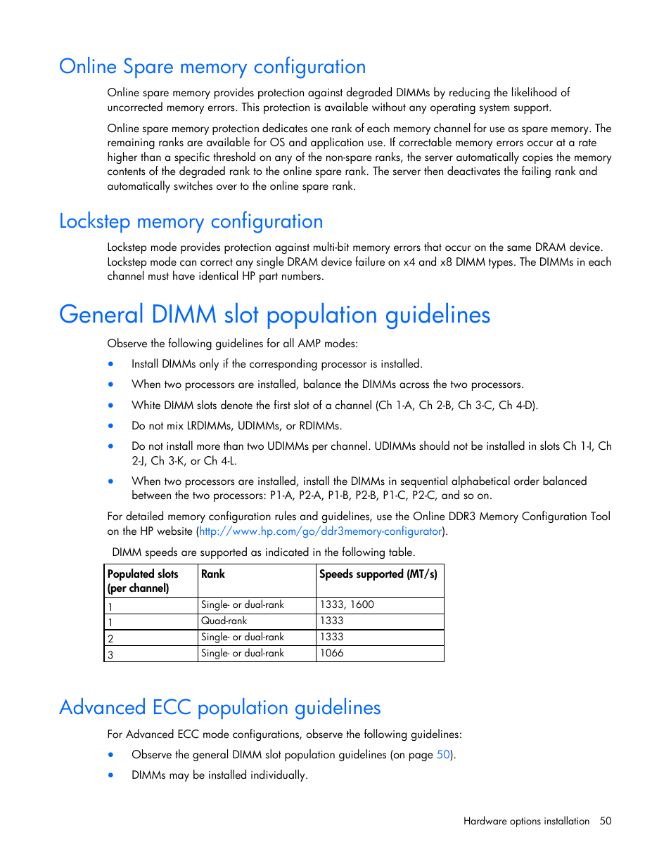 Online spare memory configuration, Lockstep memory configuration, General dimm slot population guidelines | Advanced ecc population guidelines | HP ProLiant DL380 Server User Manual | Page 50 / 128