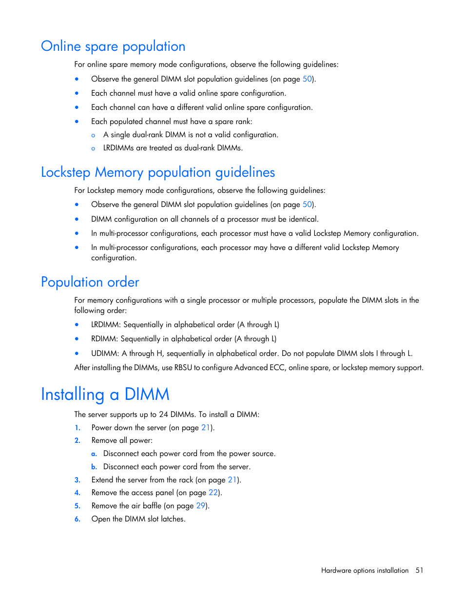 Online spare population, Lockstep memory population guidelines, Population order | Installing a dimm | HP ProLiant DL380 Server User Manual | Page 51 / 128