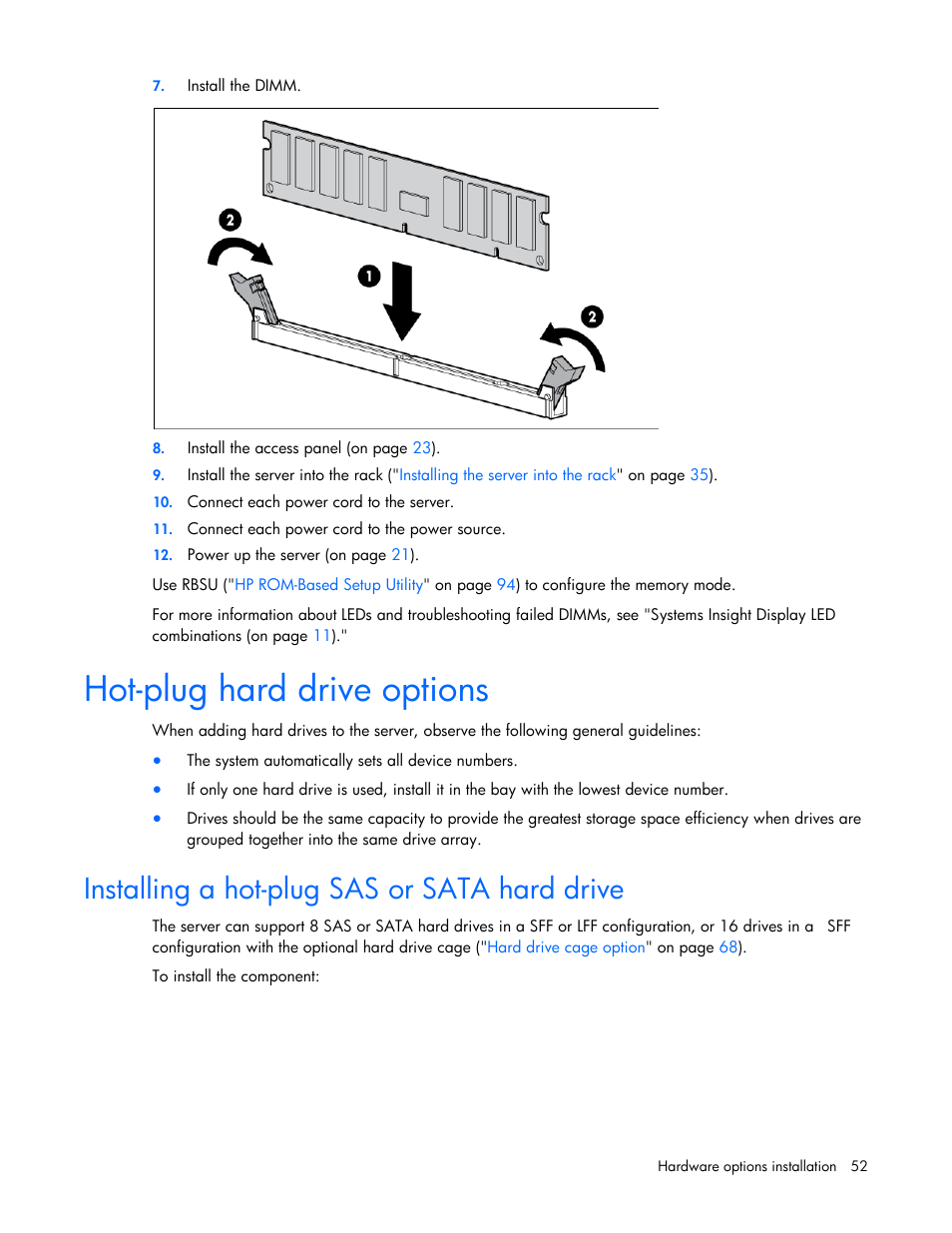 Hot-plug hard drive options, Installing a hot-plug sas or sata hard drive | HP ProLiant DL380 Server User Manual | Page 52 / 128