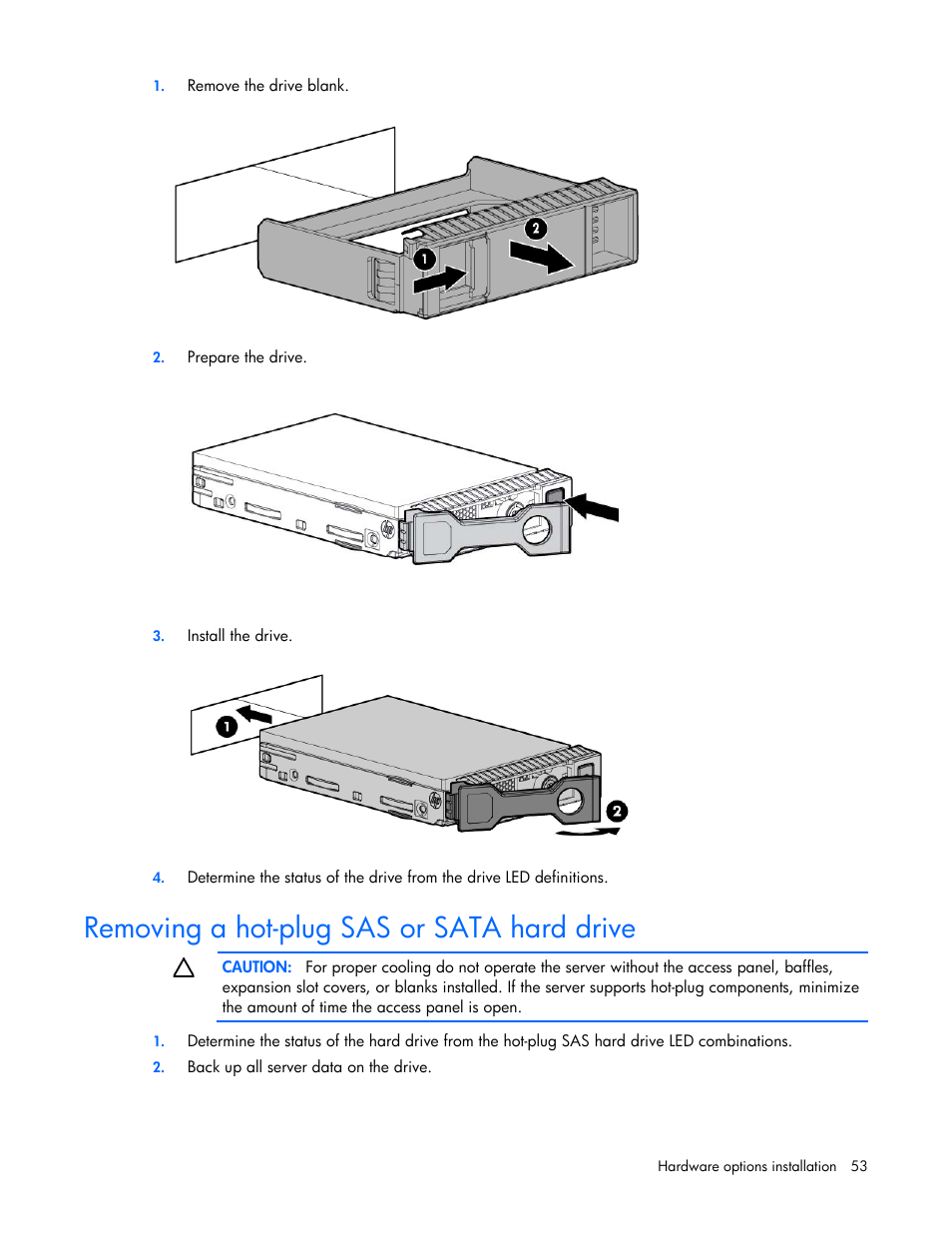 Removing a hot-plug sas or sata hard drive | HP ProLiant DL380 Server User Manual | Page 53 / 128