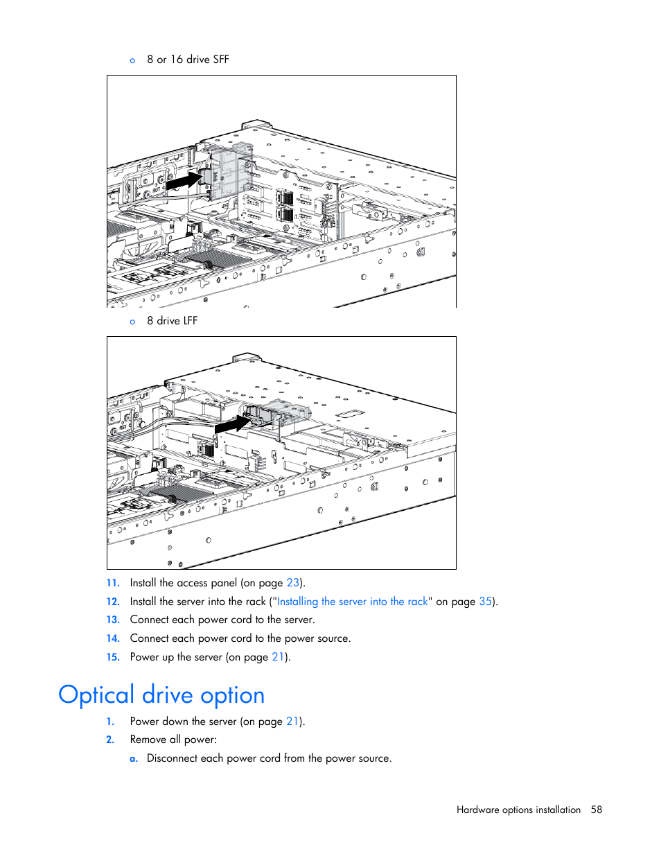 Optical drive option | HP ProLiant DL380 Server User Manual | Page 58 / 128